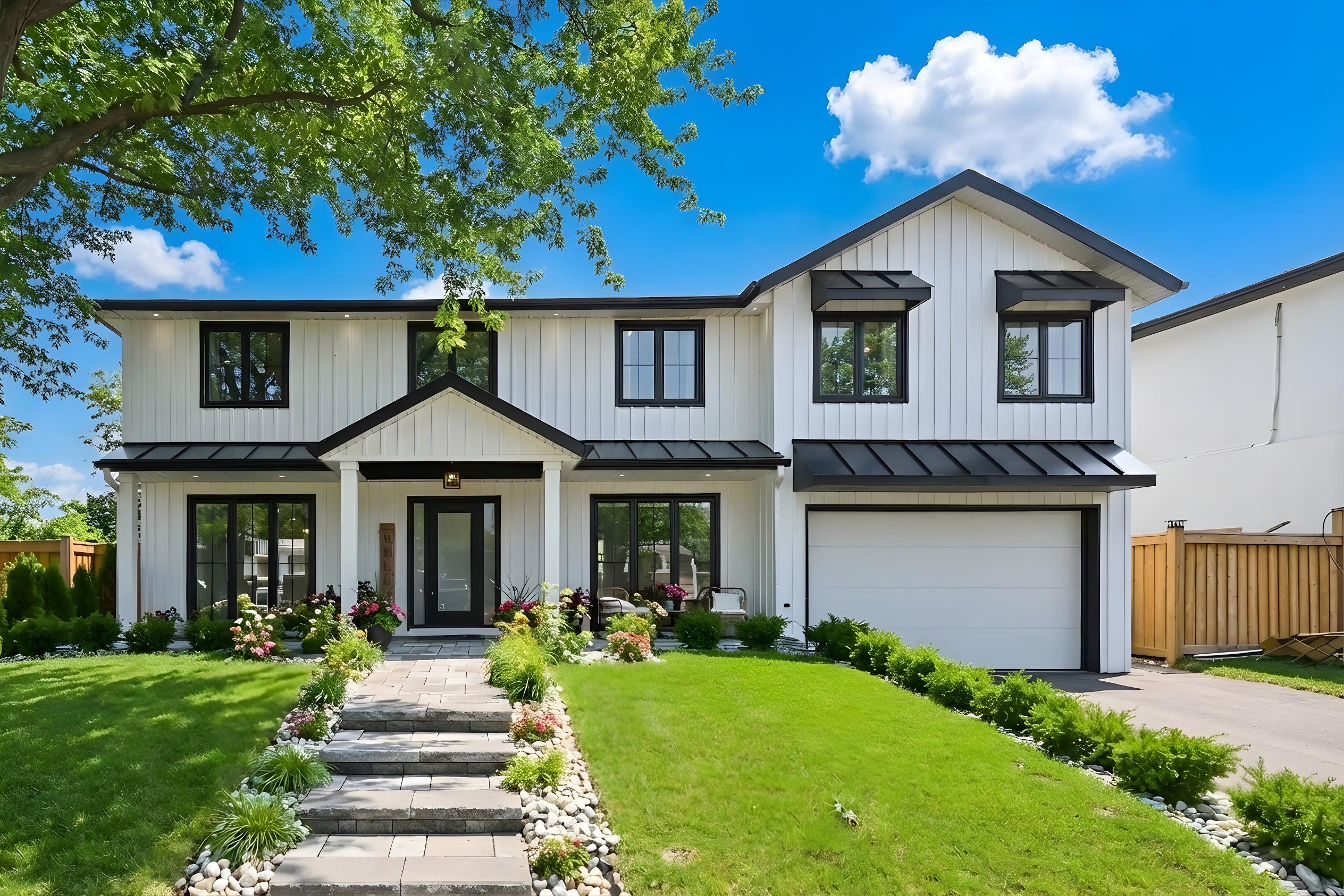 2212 Urwin Crescent in West Oakville featuring white board-and-batten exterior, black accents, stone walkway, and landscaped front yard, presented by Roberto Ficzere