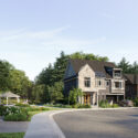 Builder rendering of detached homes at Riverview Oakville by Caivan with landscaped streetscape and park setting.