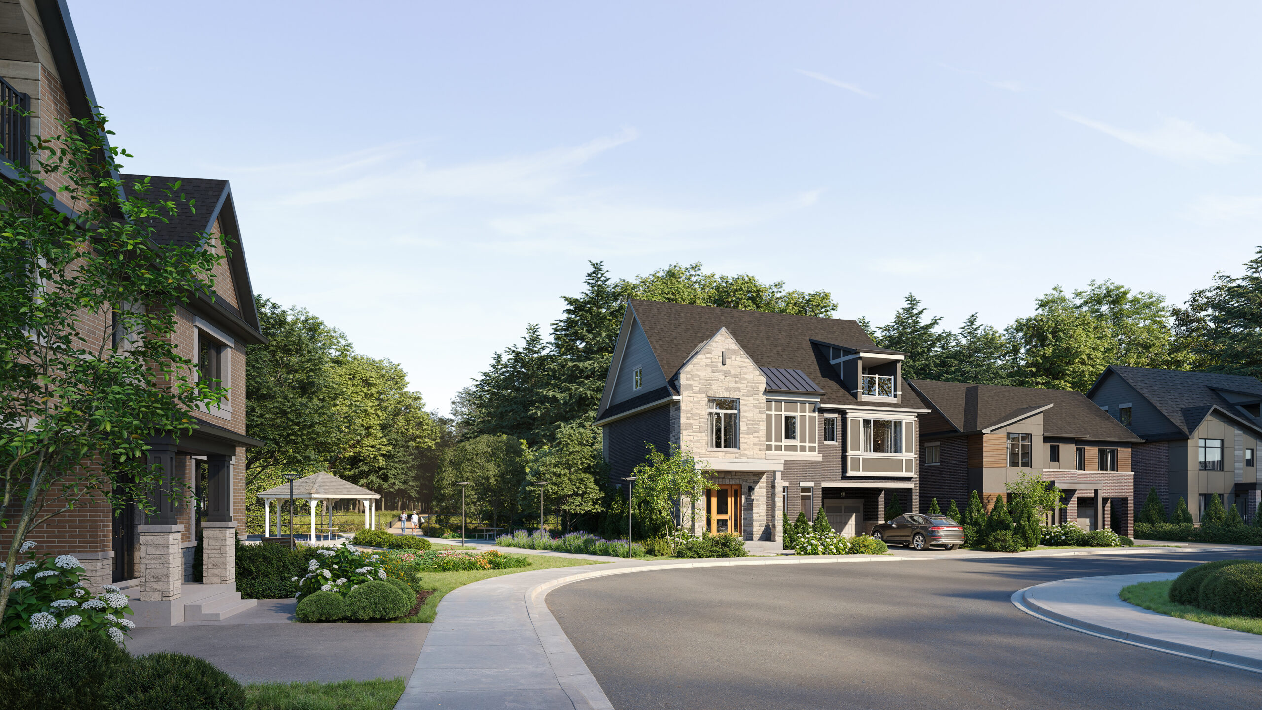 Builder rendering of detached homes at Riverview Oakville by Caivan with landscaped streetscape and park setting.